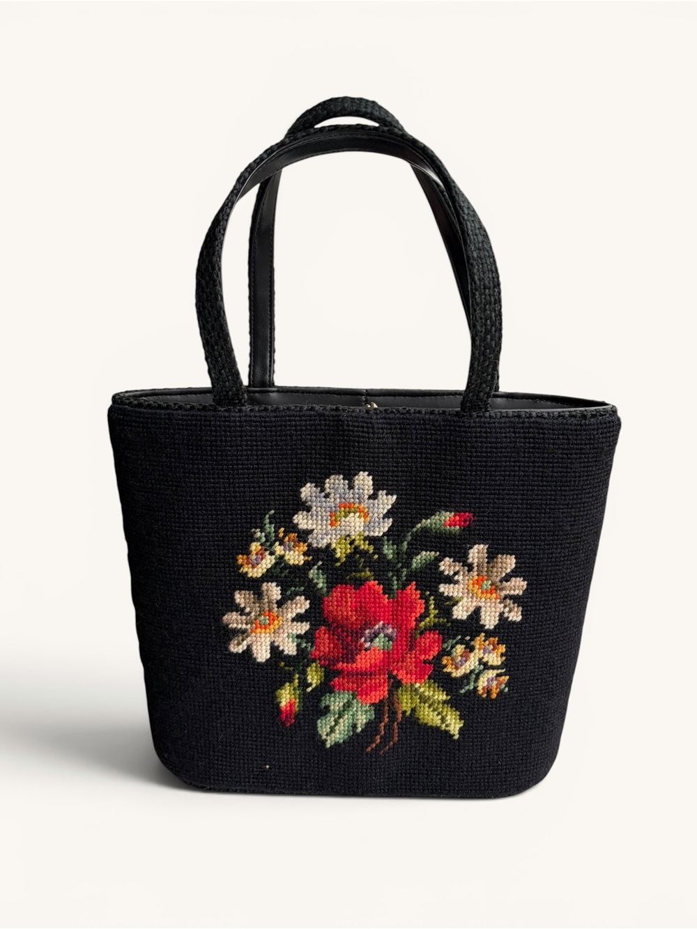 Vintage Black Needlepoint Tote with Red Floral Accent